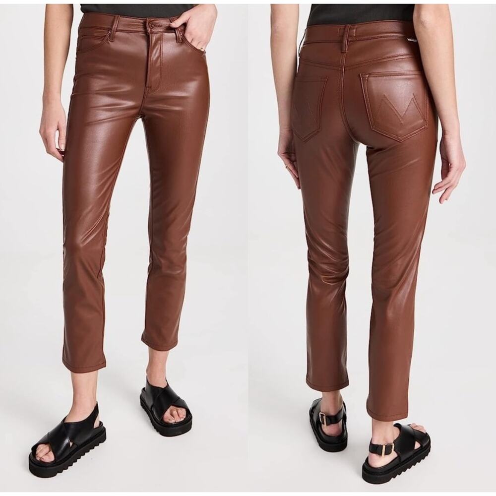 MOTHER The Mid Rise Dazzler Straight Leg Pants Friar Brown Faux Leather Size 27